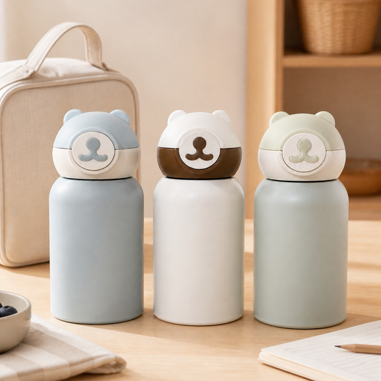 Tres botellas infantiles Teddy Bear sobre una mesa infantil