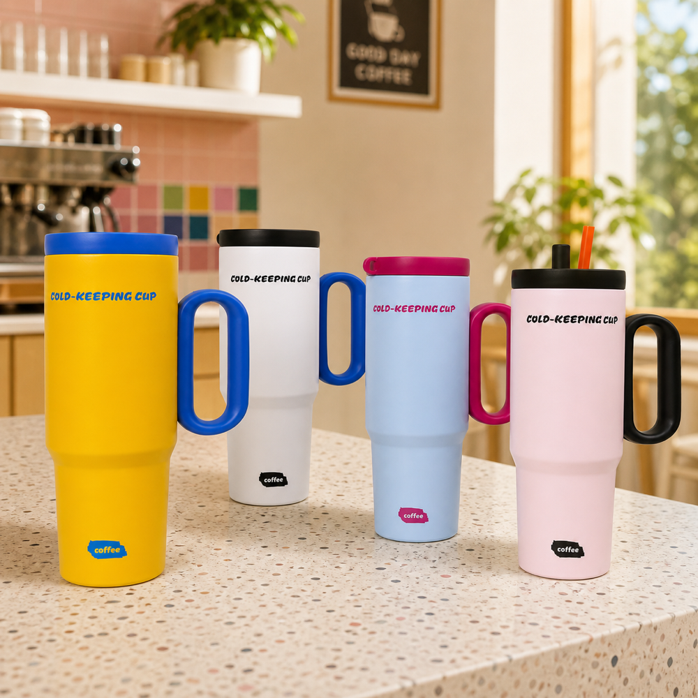 Cuatro vasos Macaron Ice-Cool 750 ml en una cafetería