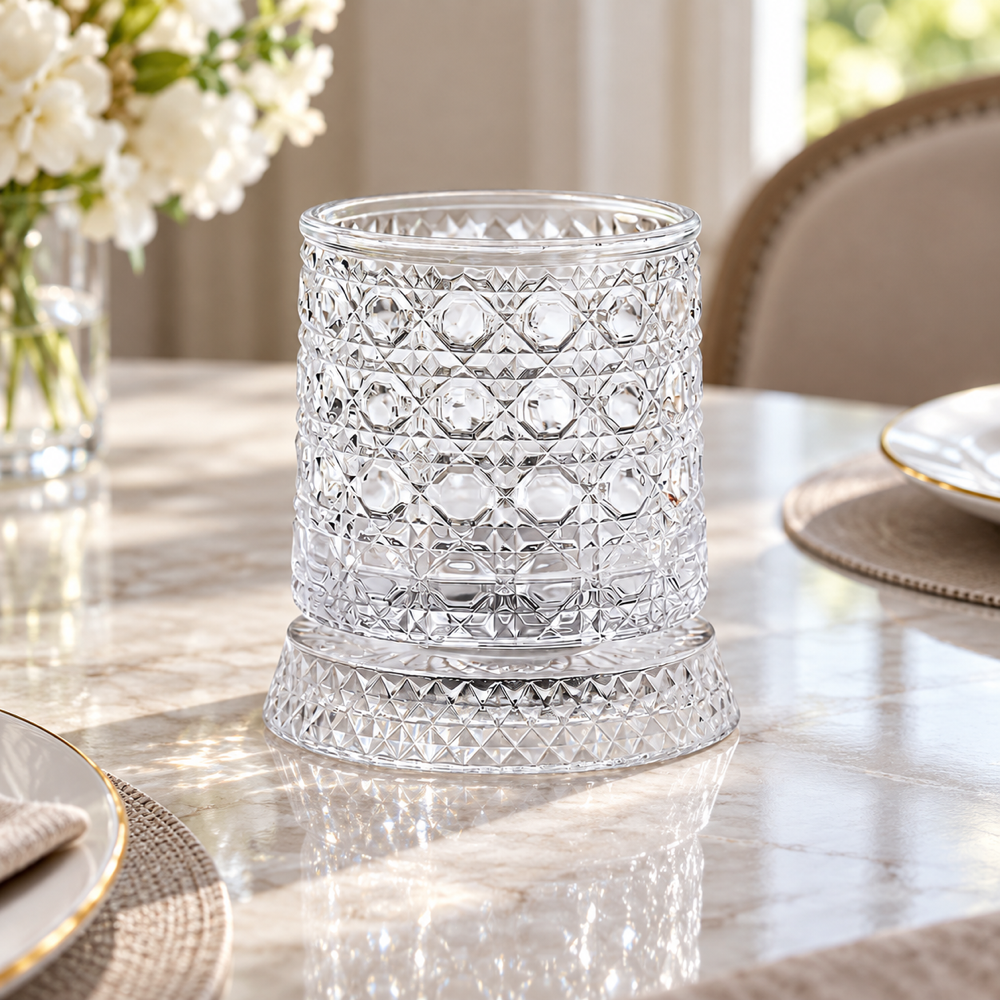 Vaso de vidrio giratorio transparente, fotografía ambientada del producto RM48-12